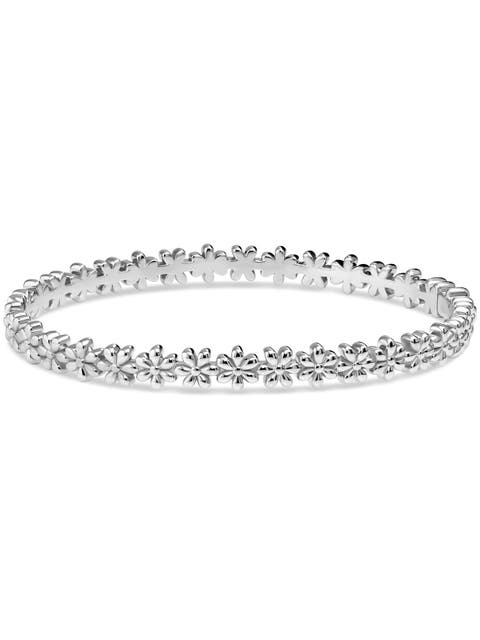 Daisy Flower Eternity Bangle Bracelet in Rhodium Plated Sterling Silver