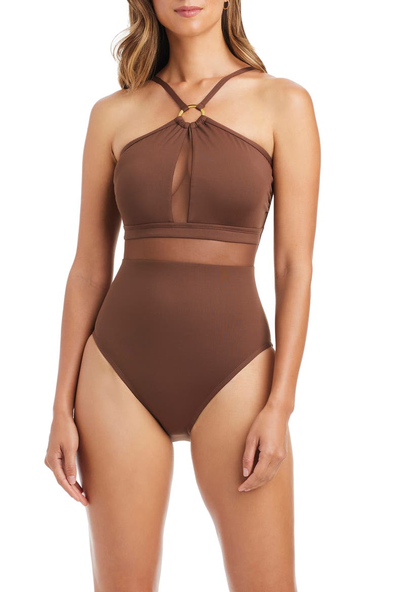 Sheer Mesh Inset One-Piece Swimsuit, Main, color, ROCKPOOL