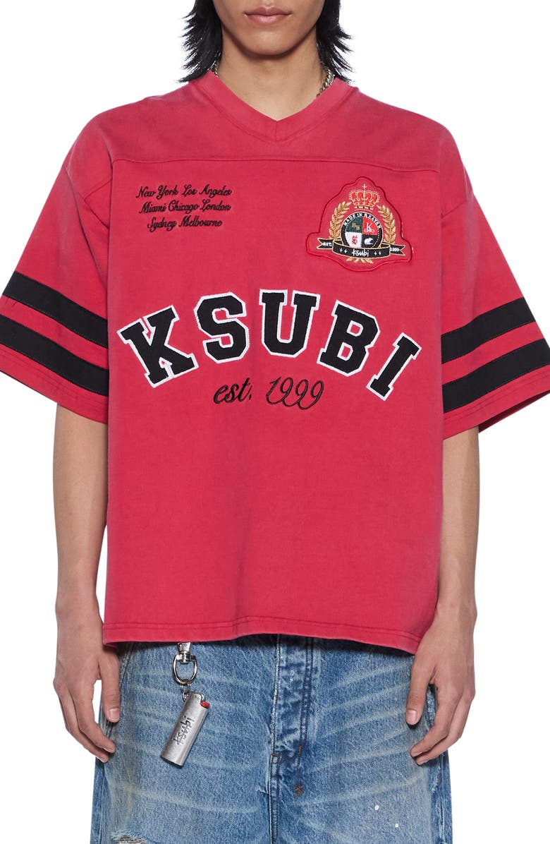 Ksubi Duke Embroidered Cotton Jersey V-Neck T-Shirt, Main, color, Red