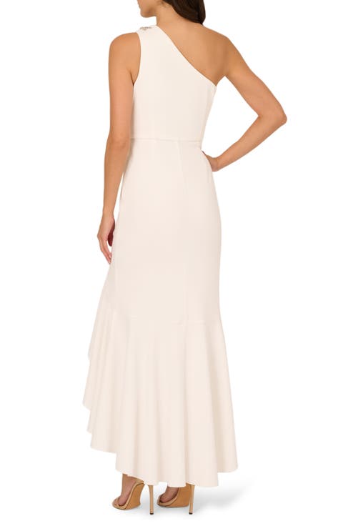 Beaded One-Shoulder Crepe Gown