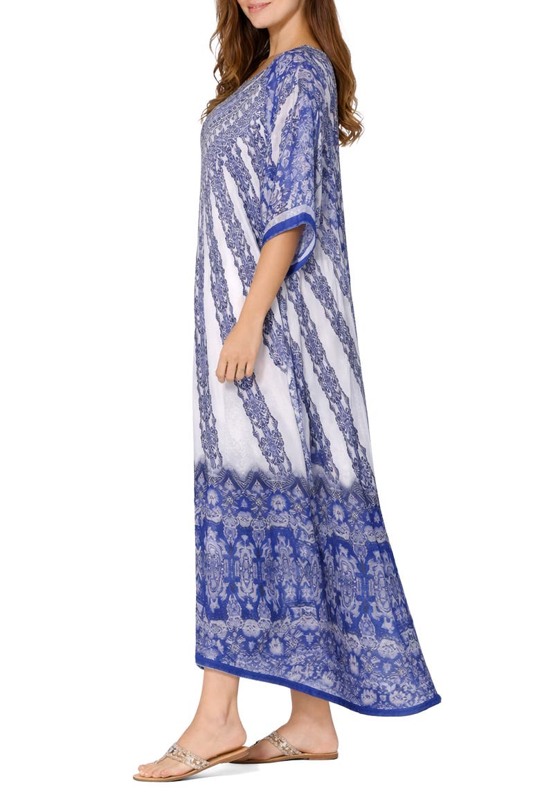 Filigree Print V-Neck Maxi Caftan, Alternate, color, BLUE
