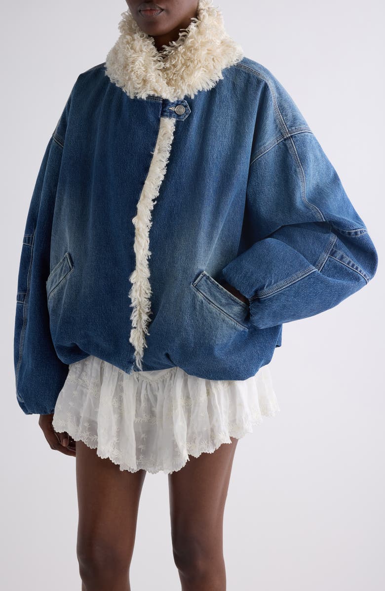 Isabel Marant Charone Faux Fur Trim Denim Jacket, Alternate, color, Blue