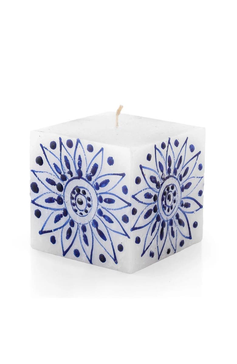 Thumbprint Artifacts Henna Blue on White Painted Cube Candle, Main, color, Henna Blue - 3X3x3"