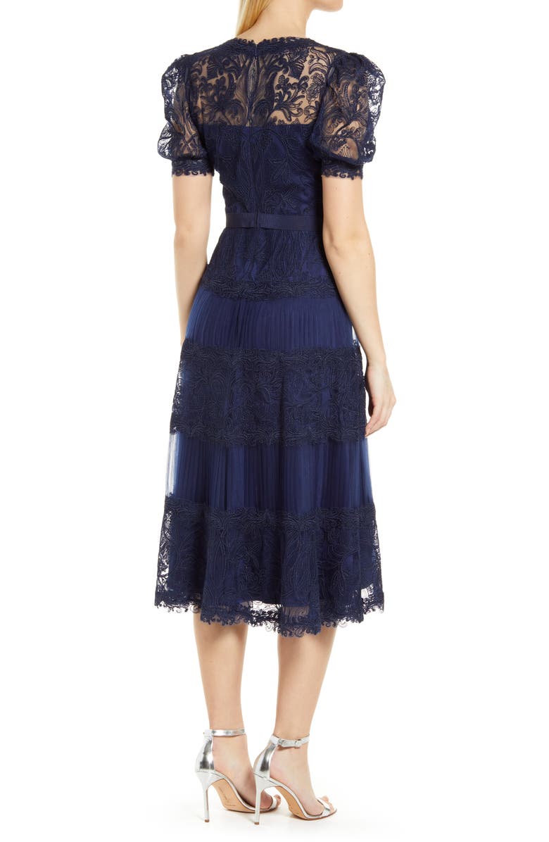 Tadashi Shoji Embroidered Lace Tiered Midi Dress, Alternate, color, Royal Navy