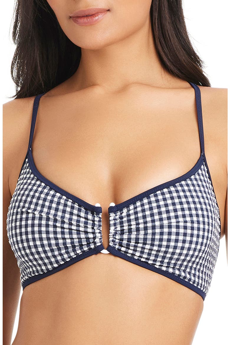 Gingham Print U-Bar Bikini Top, Main, color, NAVY MOOD