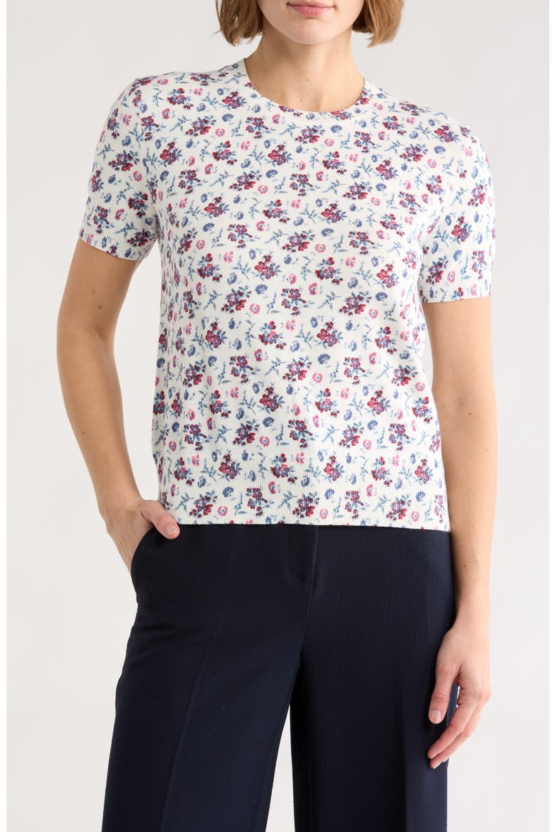 Floral Print Short Sleeve Cotton Sweater, Main, color, WHITE