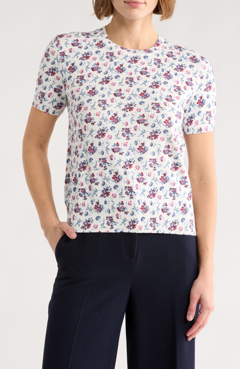 Brooks Brothers Floral Print Short Sleeve Cotton Sweater, Main, color, White