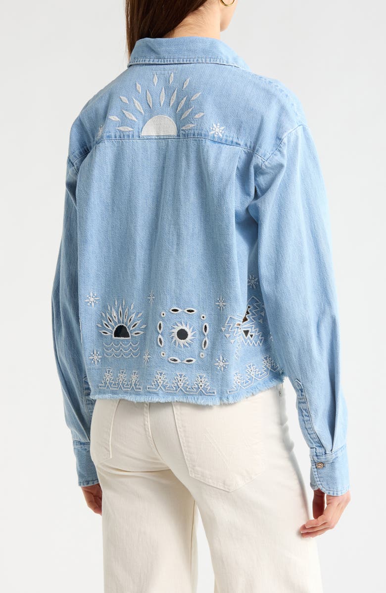 MOTHER Roomie Embroidered Fray Hem Crop Denim Shirt Jacket, Alternate, color, 