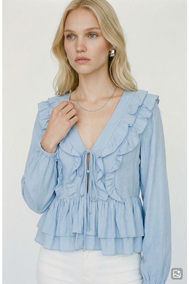Zoey Ruffle Peplum Chambray Top, Alternate, color, BRUNNERA BLUE
