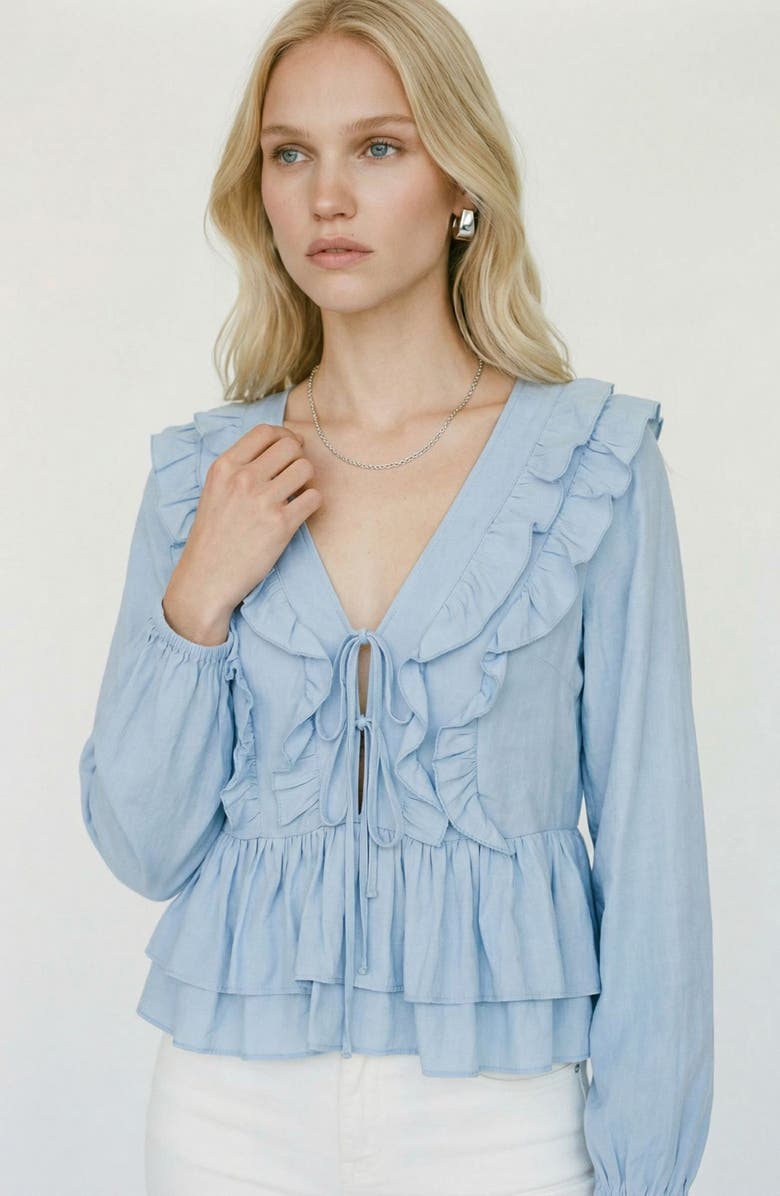 VERO MODA Zoey Ruffle Peplum Chambray Top, Alternate, color, Brunnera Blue