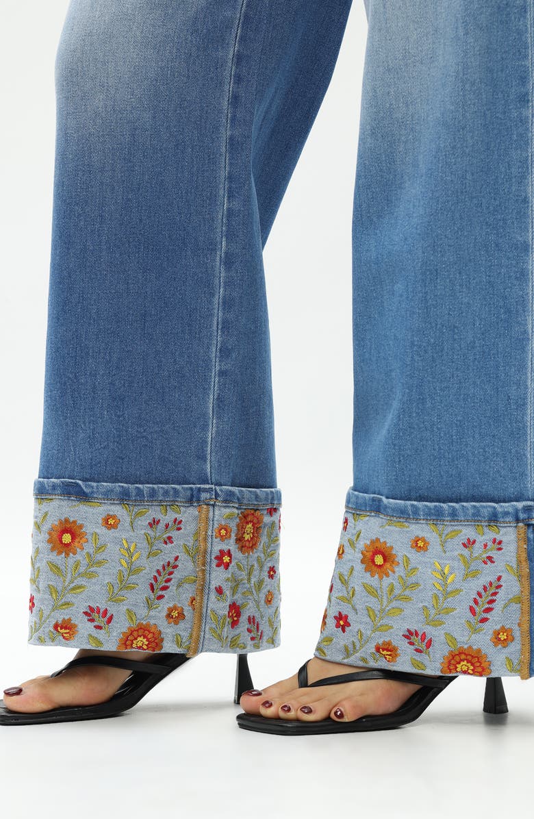 Bayeas Floral Embroidered High Waist Cuffed Wide Leg Jeans, Alternate, color, 