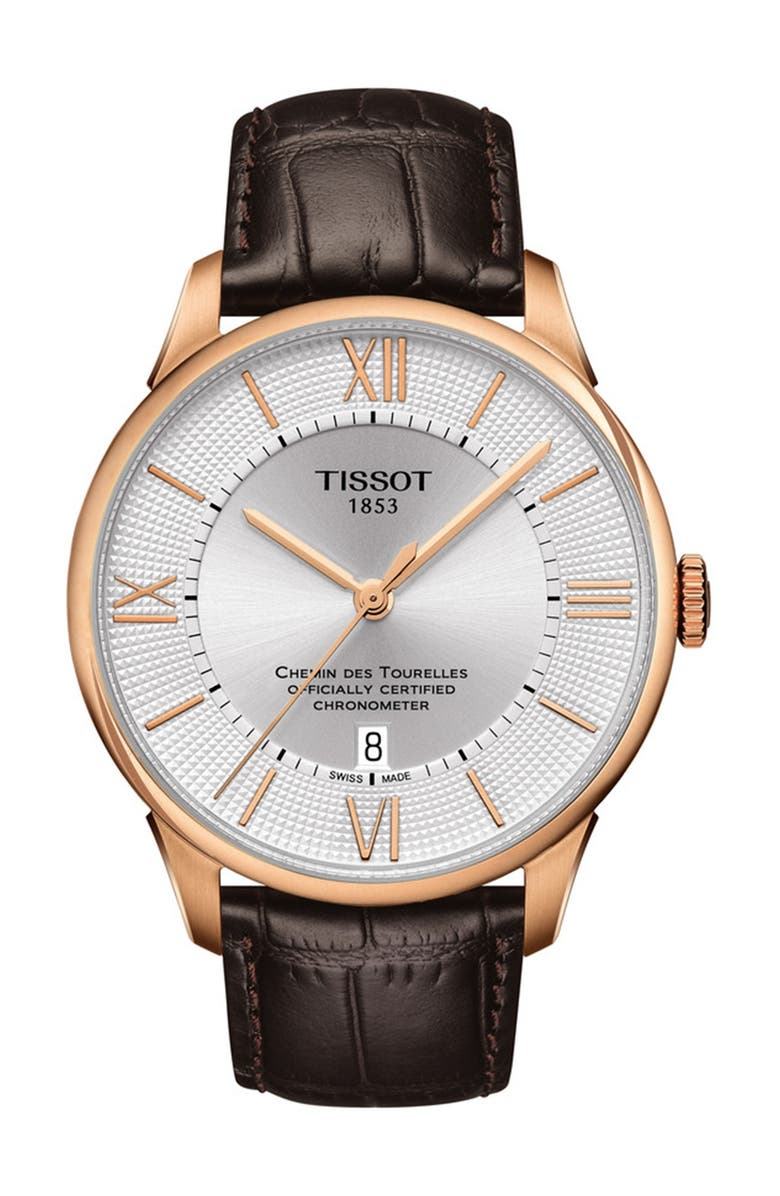 Tissot Men's Chemin des Tourelles Powermatic 80 Croc Embossed Leather Strap Watch, 42mm, Main, color, Silver