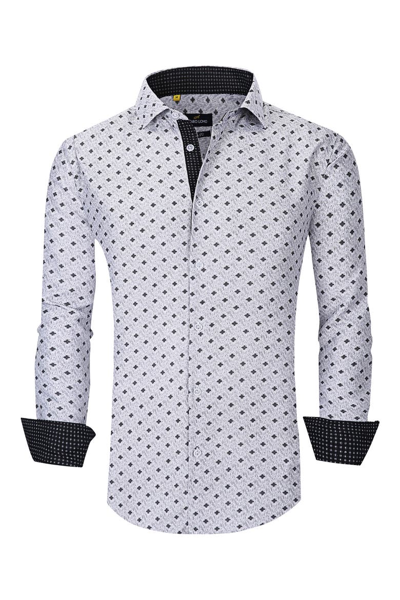 Patterned Long Sleeve Performance Button-Up Shirt, Alternate, color, WHITE