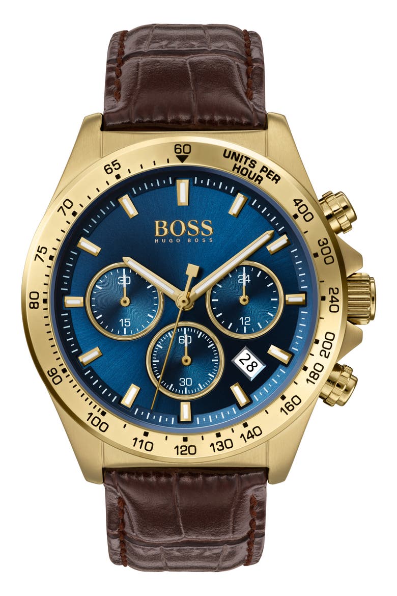 Hero Chronograph Leather Strap Watch, 43mm, Main, color, BROWN/ BLUE/ GOLD
