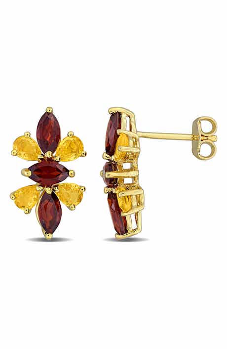 Garnet and Yellow Sapphire Floral Stud Earrings