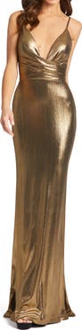 Mac Duggal Metallic Faux Wrap Spaghetti Strap Gown