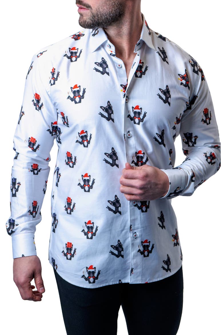 Fibonacci Frenchie Peace Regular Fit Cotton Button-Up Shirt, Alternate, color, WHITE