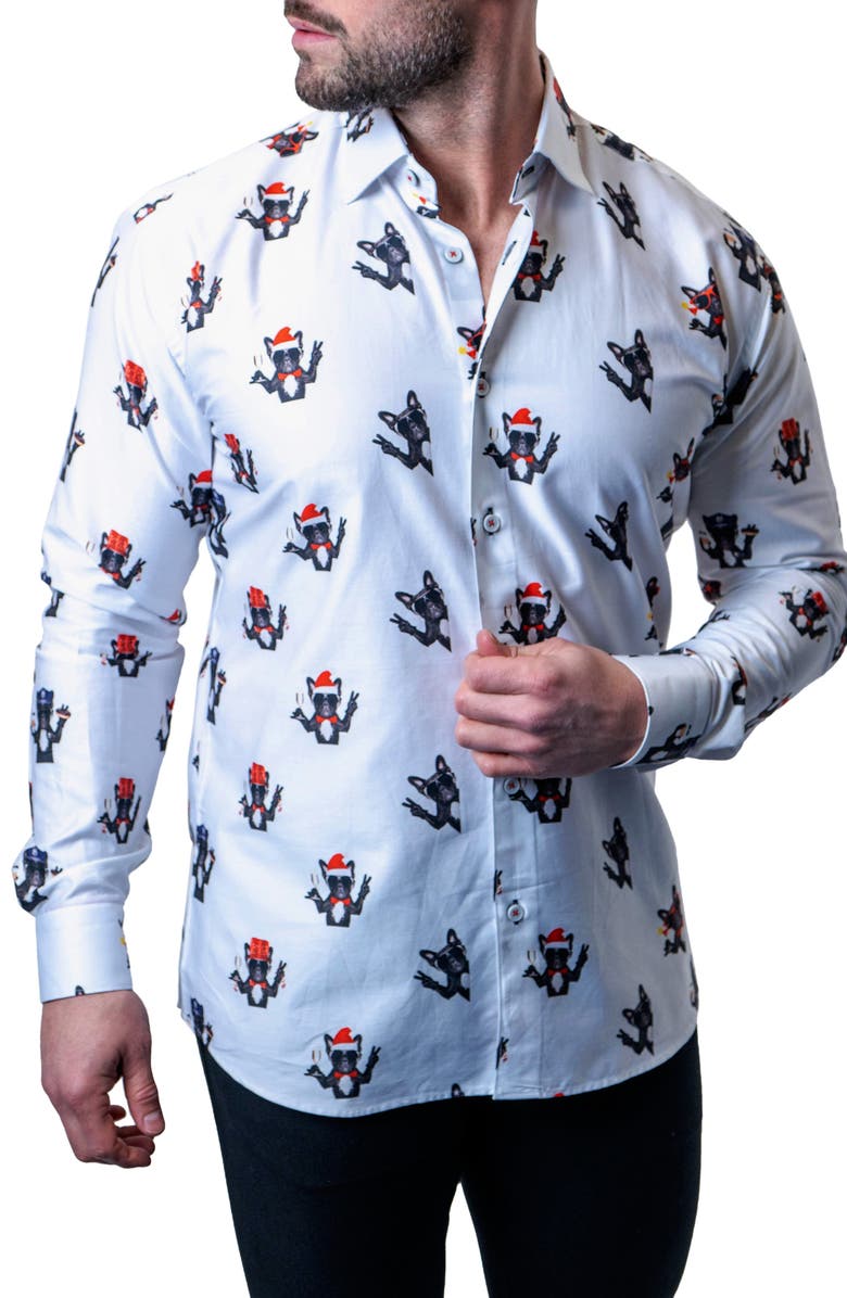 Maceoo Fibonacci Frenchie Peace Regular Fit Cotton Button-Up Shirt, Alternate, color, White