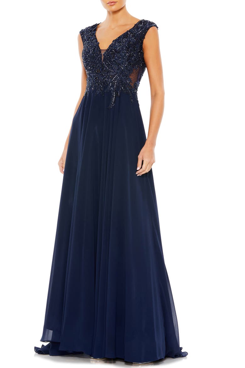 Appliqued Cap Sleeve Bodice Flowy Gown, Main, color, NAVY