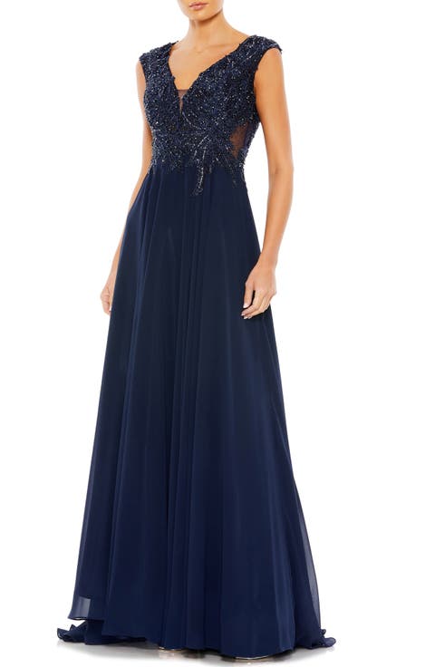 Appliqued Cap Sleeve Bodice Flowy Gown