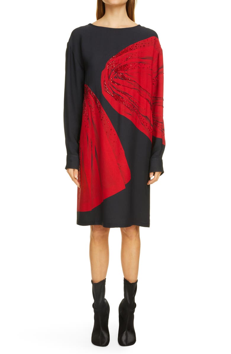 Dries Van Noten Duzco Drape Print Crystal Embellished Long Sleeve Shift Dress, Main, color, 