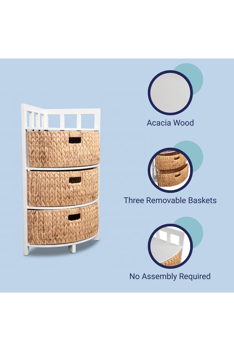 Quart Handcrafted Acacia Wood 3-Tier Corner Storage Cabinet with 3 Water Hyacinth Baskets, Alternate, color, White