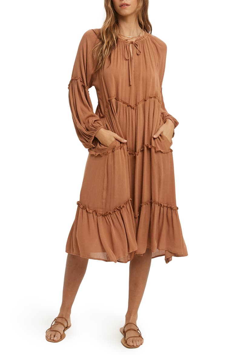 Notched Neck Long Sleeve Tiered Dress, Main, color, Brown