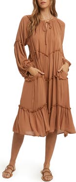 WISHLIST Notched Neck Long Sleeve Tiered Dress