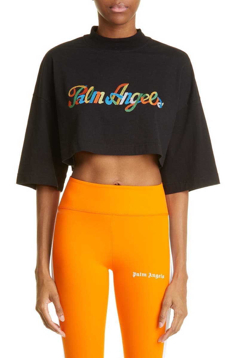 Palm Angels Embroidered Rainbow Crop Cotton Logo Tee, Main, color, 