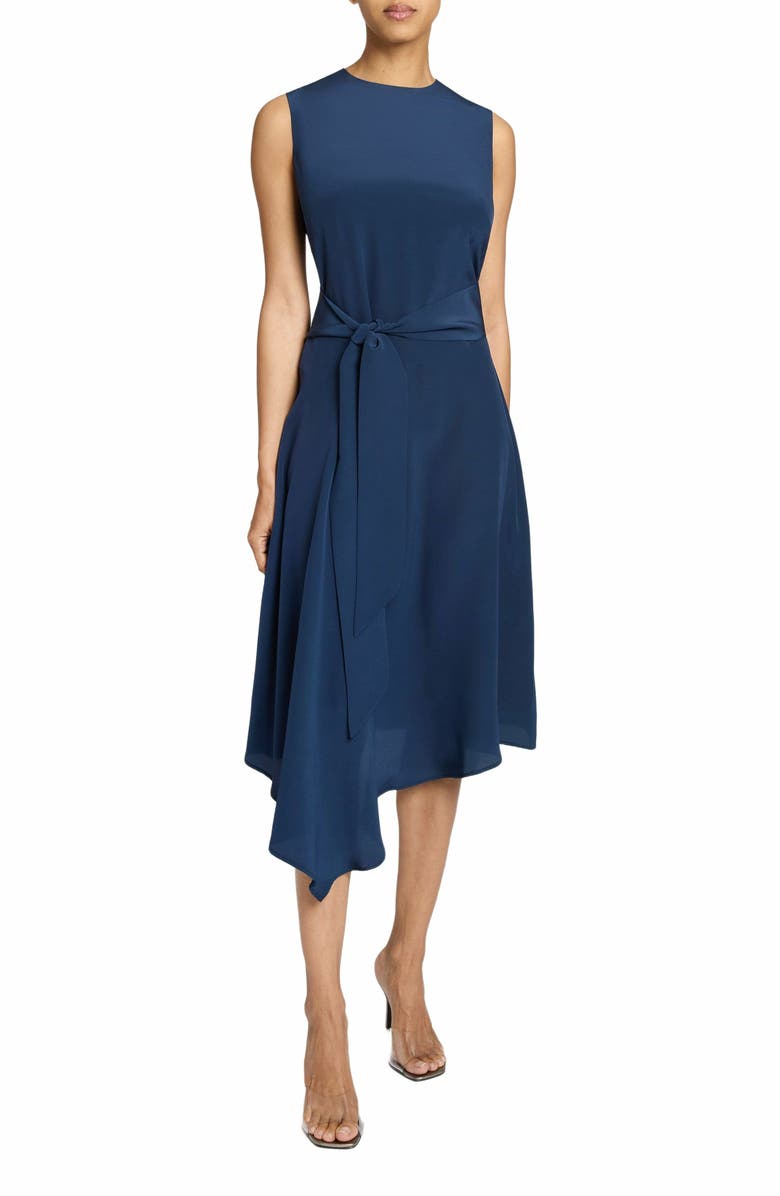 Santorelli CECILIA Sleeveless Midi Dress with Asymmetrical Hemline in Silk Crepe de Chine, Main, color, 