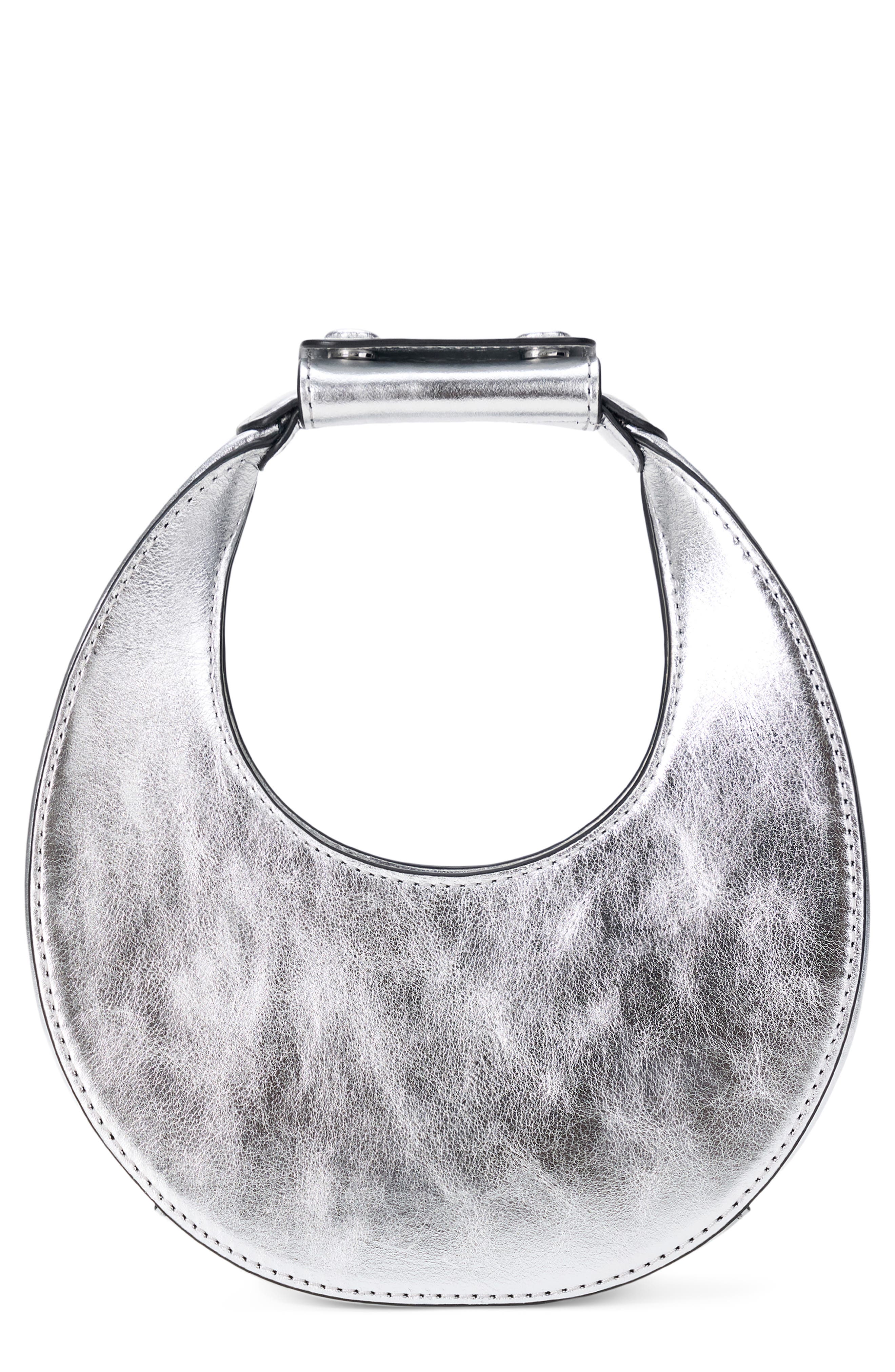STAUD Good Night Moon Metallic Leather Top Handle Bag, Main, color, Silver
