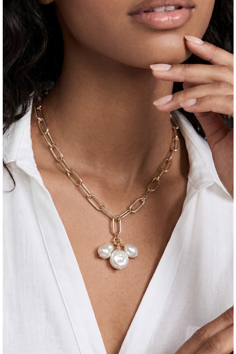Triple Faux Pearl Pendant Necklace, Alternate, color, GOLD