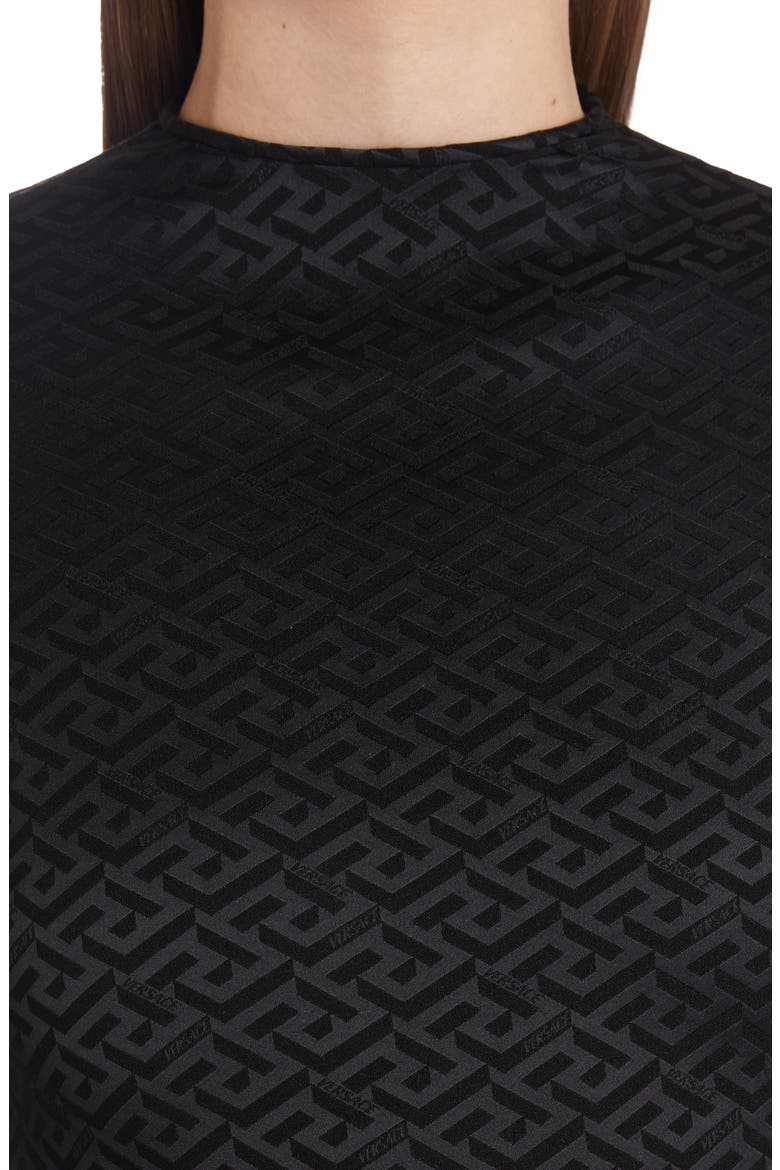 La Greca Monogram Print Long Sleeve Bodysuit, Alternate, color, NERO