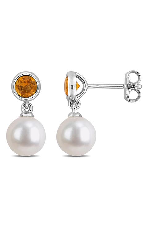 Semiprecious Stone & Cultured Pearl Drop Earrings