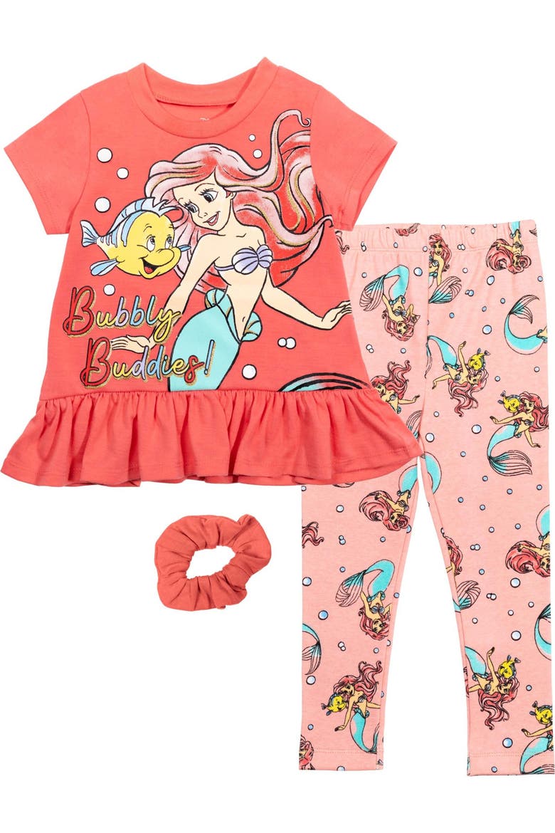 The Little Mermaid Princess Ariel Glitter T-Shirt and Leggings Set, Main, color, Ariel Flounder Coral