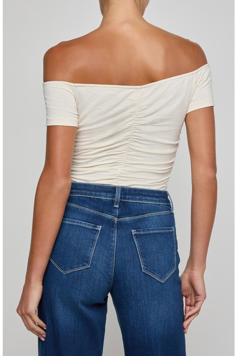 Baleigh Off the Shoulder Ruched Bodysuit, Alternate, color, VINTAGE WHITE