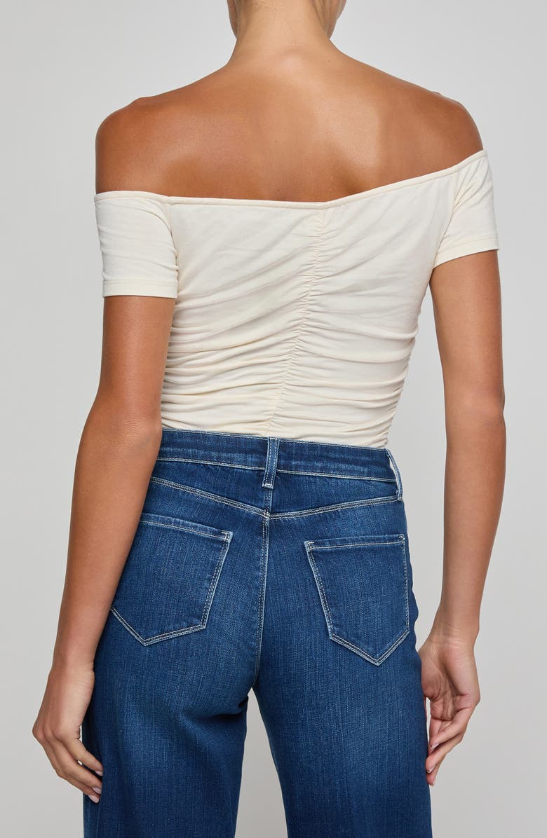 L'AGENCE Baleigh Off the Shoulder Ruched Bodysuit, Alternate, color, Vintage White