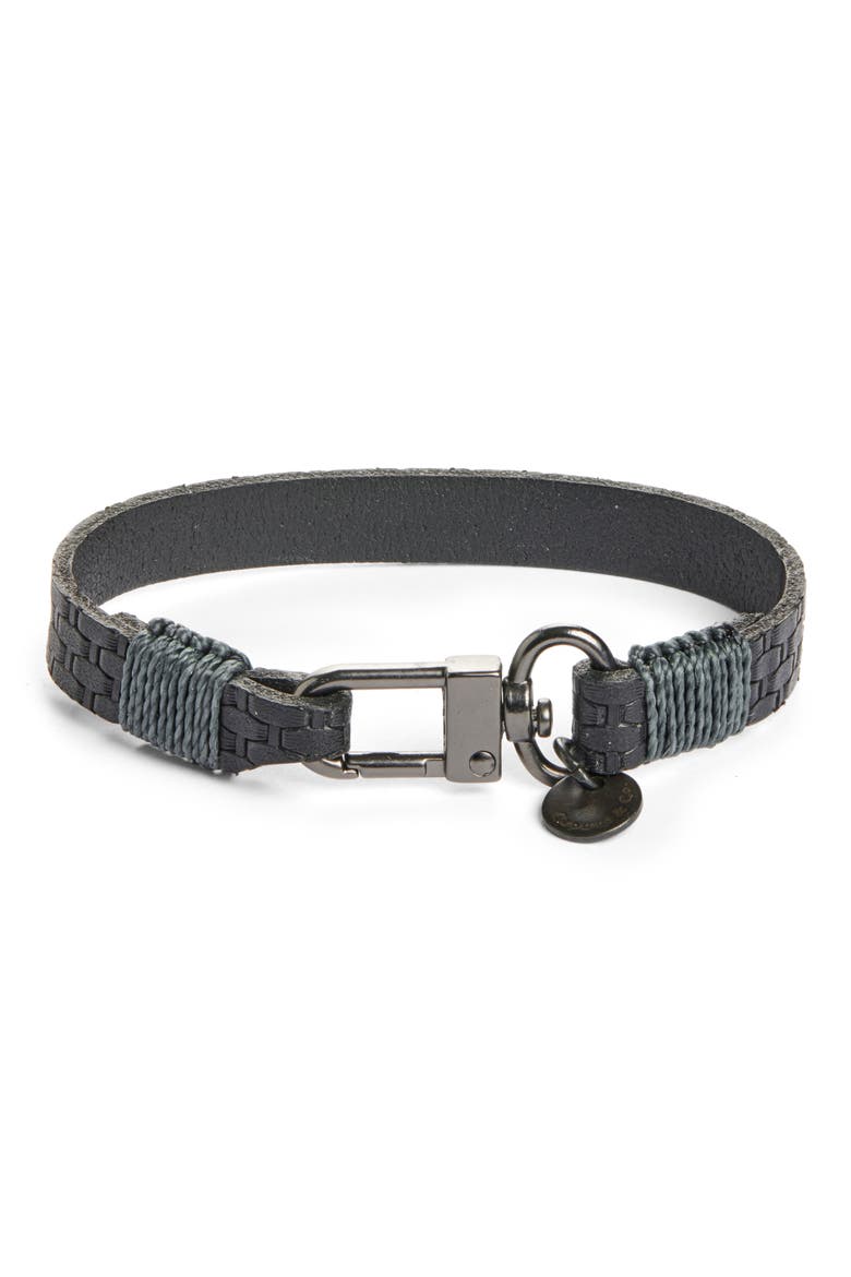 Men's Basketweave Embossed Leather Bracelet, Main, color, BLACK