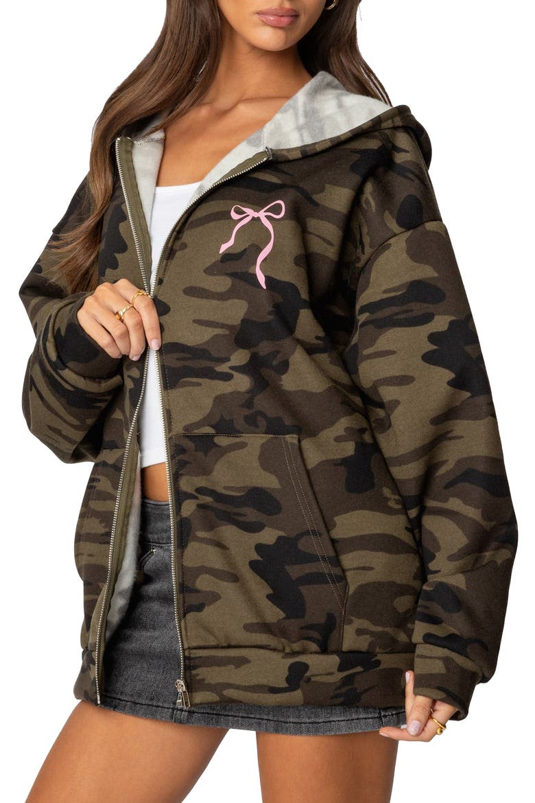 Camo Bow Detail Oversize Zip Hoodie, Alternate, color, OLIVE