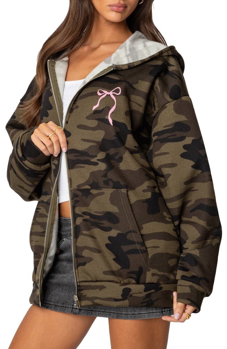 EDIKTED Camo Bow Detail Oversize Zip Hoodie, Alternate, color, Olive