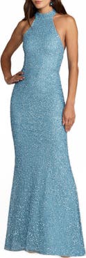 Mac Duggal Halter Neck Open Back Beaded Column Gown
