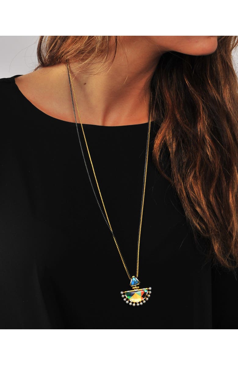 LuvMyJewelry My Colorful Legacy Turquoise Gemstone Diamond Pearl Yellow Gold Plated Silver Necklace, Alternate, color, 