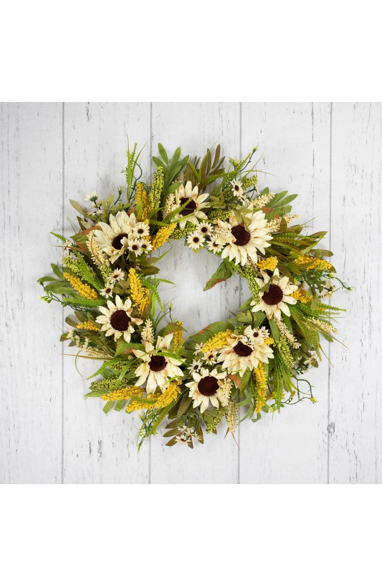 Northlight Sunflowers, Daisies and Pip Berries Floral Artificial Fall Harvest Wreath - 24", Alternate, color, Beige