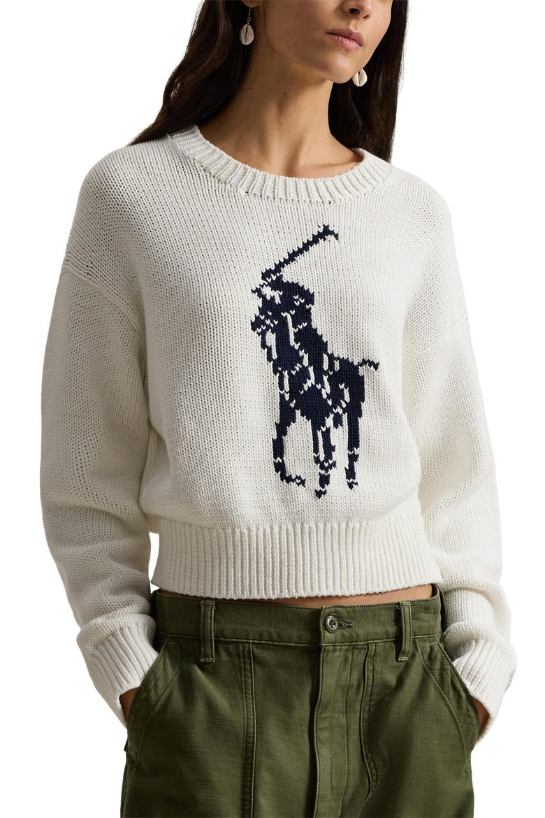 Big Pony Cotton Crewneck Sweater, Main, color, WHITE