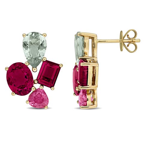 Green & Pink Tourmaline Cluster Earrings 14K