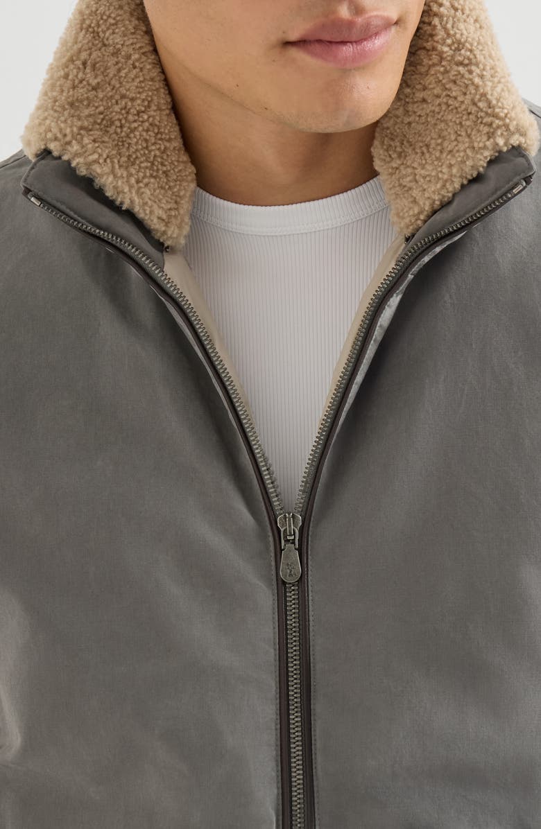Brunello Cucinelli Waxed techno cotton down vest with detachable hood, Alternate, color, Grey