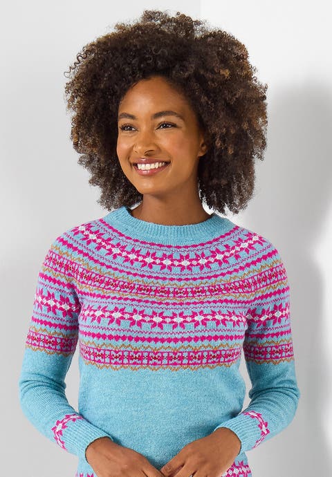 Fair Isle Rib Trim Crewneck Pullover (plus)