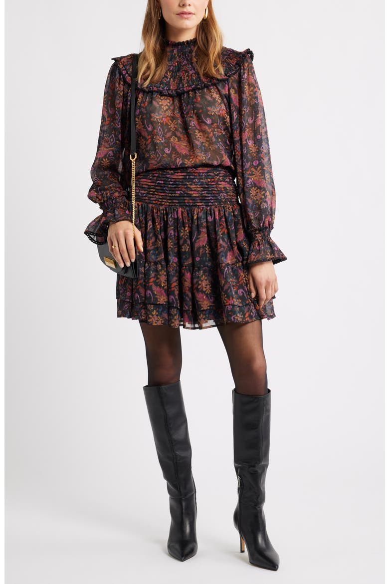 Floral Pleated Chiffon Miniskirt, Alternate, color, BLACK- PURPLE ROSE TAPESTRY