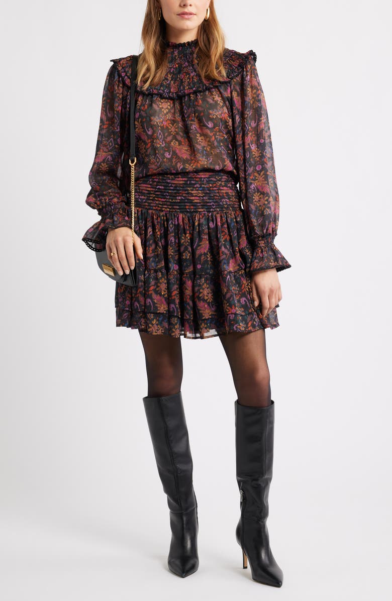 Treasure & Bond Floral Pleated Chiffon Miniskirt, Alternate, color, Black- Purple Rose Tapestry