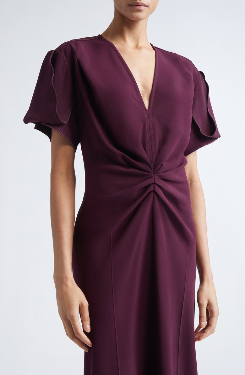 Victoria Beckham Bella Gathered Waist V-Neck Wool Blend Midi Dress, Alternate, color, Merlot